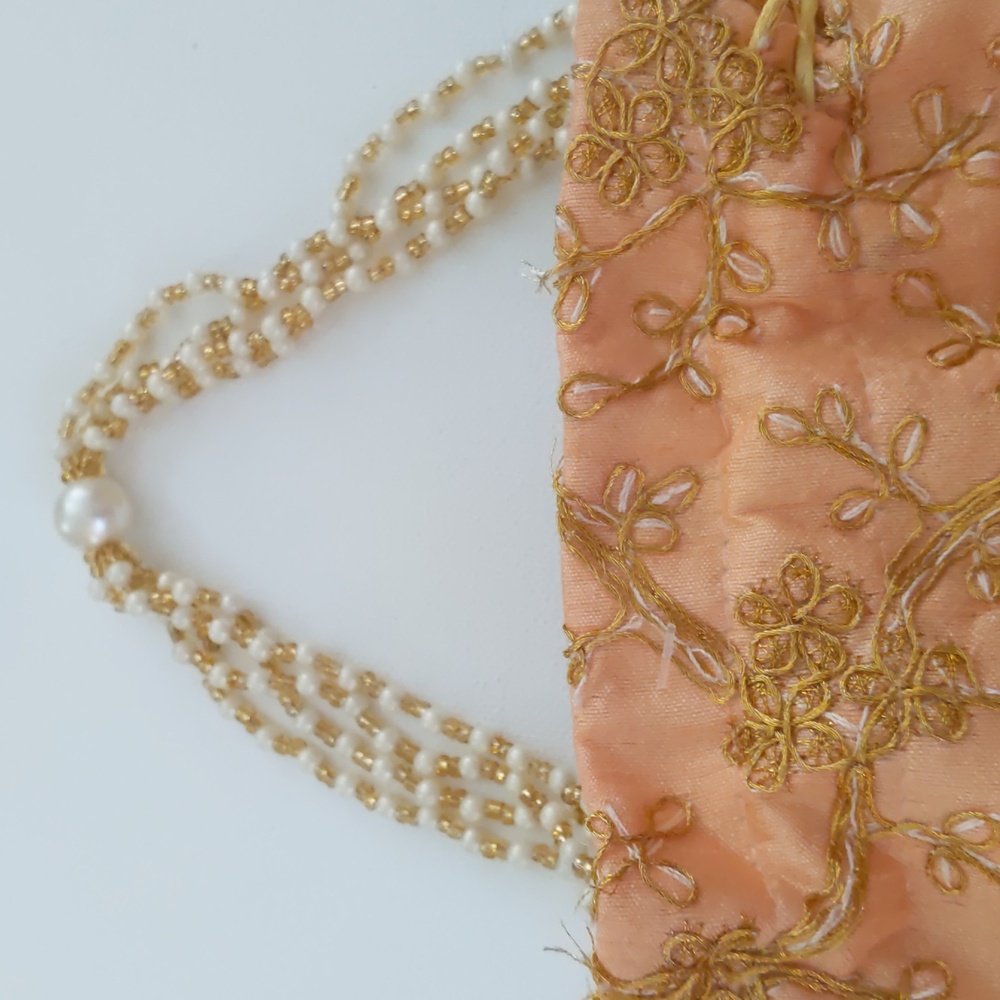 Set Of 2 Embroidered Embellished Pearls Drawstring bag Romantic fairy Red Peach - Picture 2 of 9